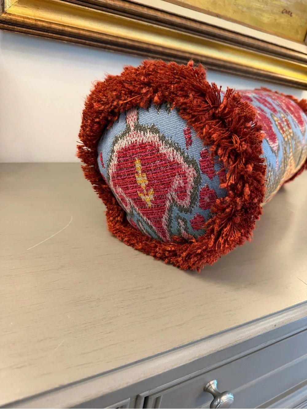 Ikat Pattern Bolster Pillow Fringe Decorative Bohemian Vibrant Burgundy Lumbar
